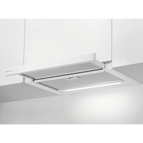 Electrolux Einbau-Flachschirmhaube mit Metallauszug, Abluft/Umluft, C, 60 cm, Weiss, DAK6036WE